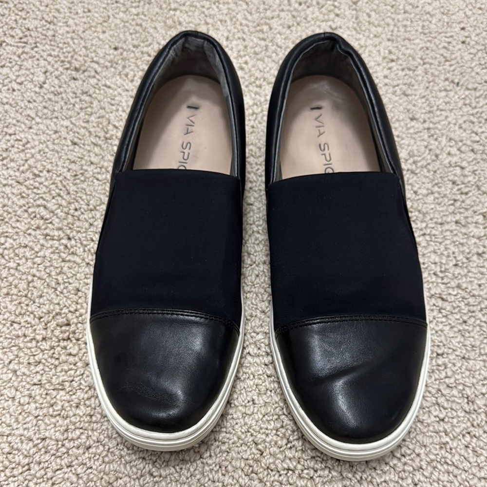 Black Via Spiga Raine Slip Ons Leather & Textile ~ Minimalist Chic
